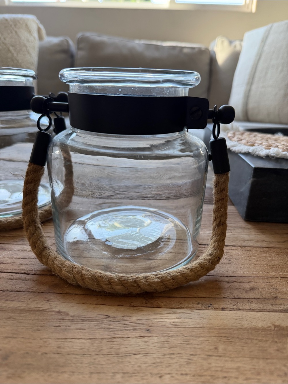 Pottery Barn Clear Glass Lanterns with Black Metal and Rope Handles - Set of 2 - Picture 2 of 4